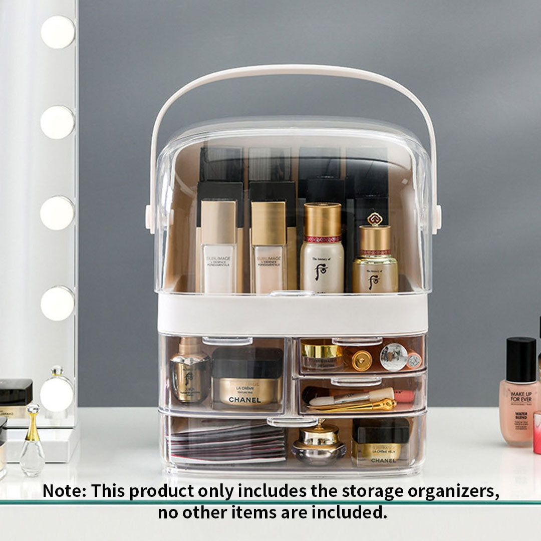 White 3 Tier Cosmetic Storage with Brush Lipstick Holder Organiser and LED Light Tabletop Mirror Set