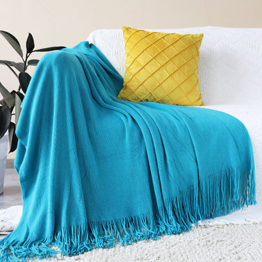 Blue Acrylic Knitted Throw Blanket