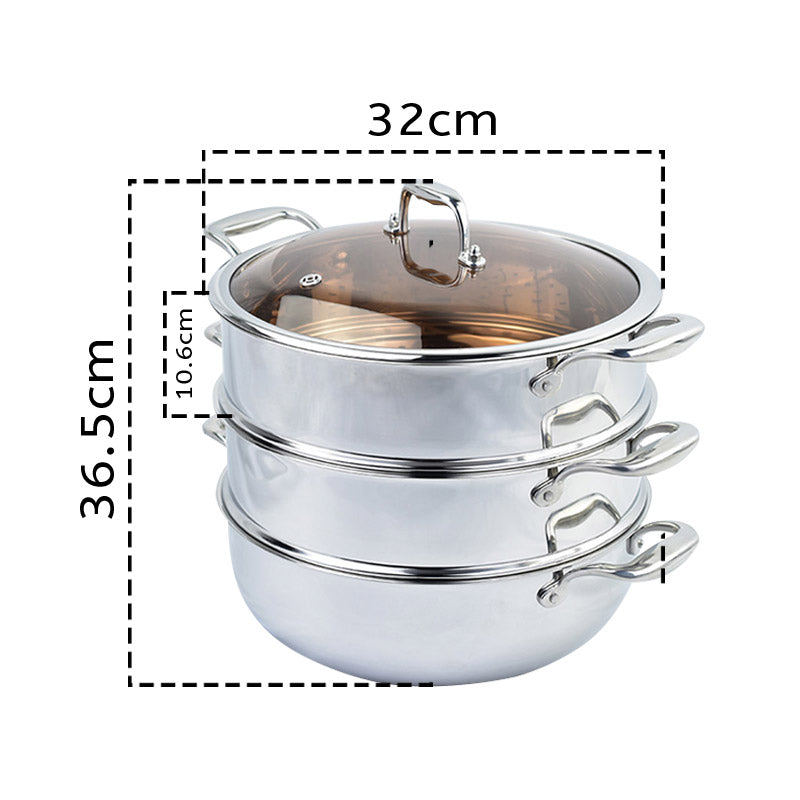 3 Tier 32cm Stainless Steel Food Steamer with Glass Lid