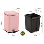 Foot Pedal Stainless Steel Trash Bin Square 12L Pink