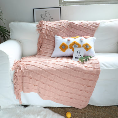 Pink Textured Knitted Throw Blanket