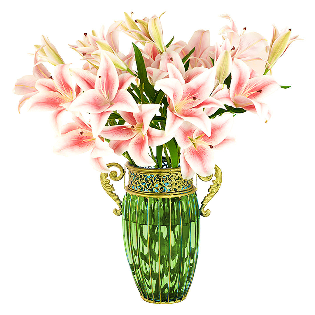 Green European Glass Flower Vase with Two Metal Handle