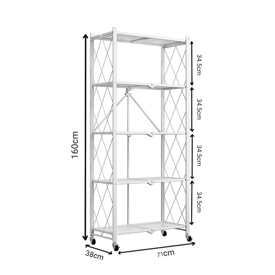 5 Tier Foldable Kitchen Shelves with Wheels  White
