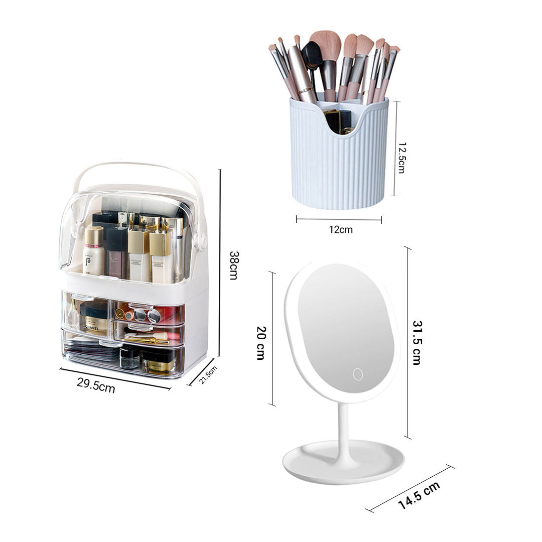 White 3 Tier Cosmetic Storage with Brush Lipstick Holder Organiser and LED Light Tabletop Mirror Set