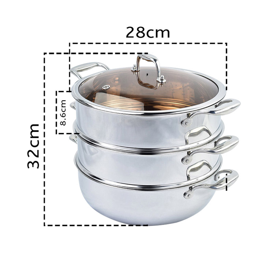 3 Tier 28cm Stainless Steel Food Steamer with Glass Lid