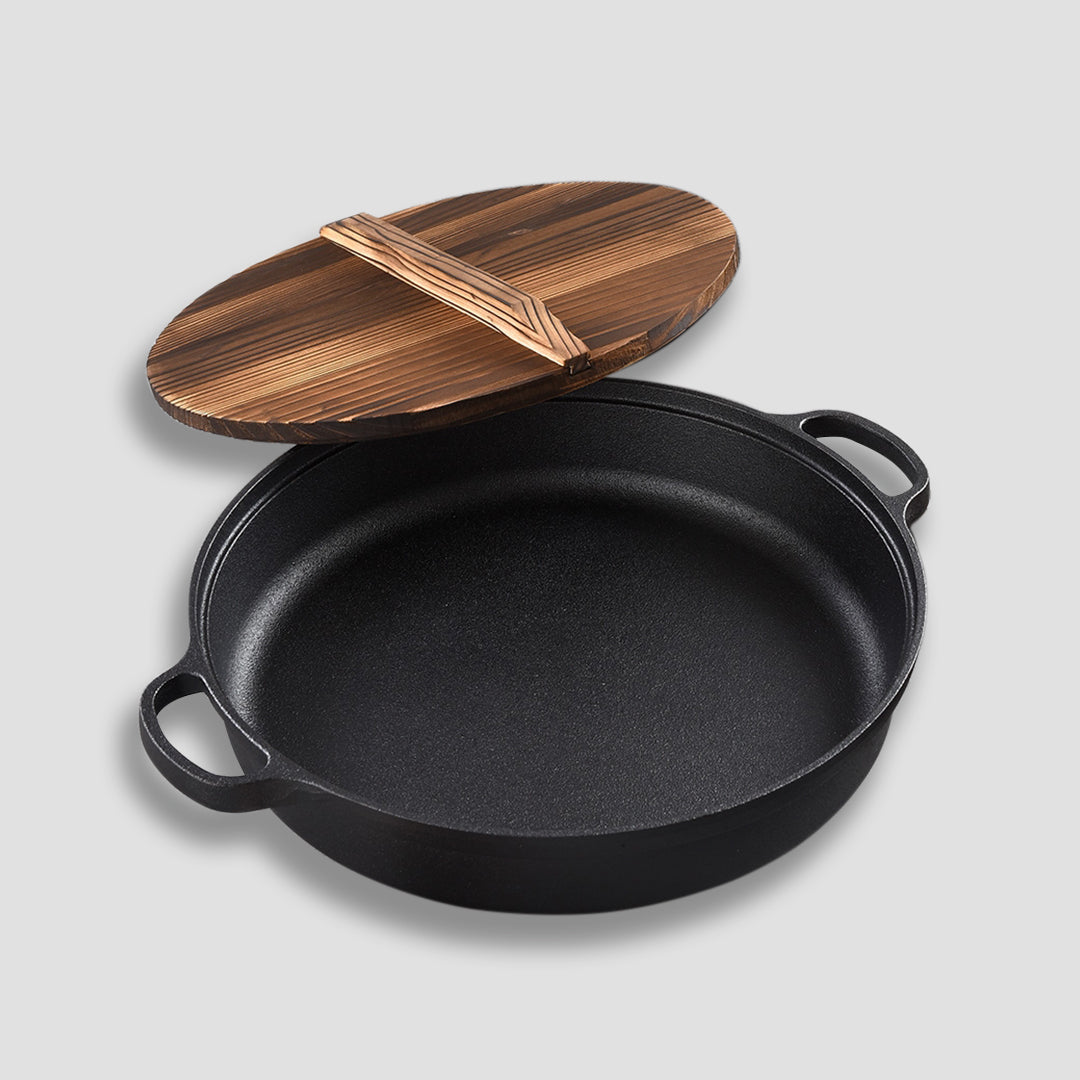 29cm Round Cast Iron Frying Pan with Wooden Lid