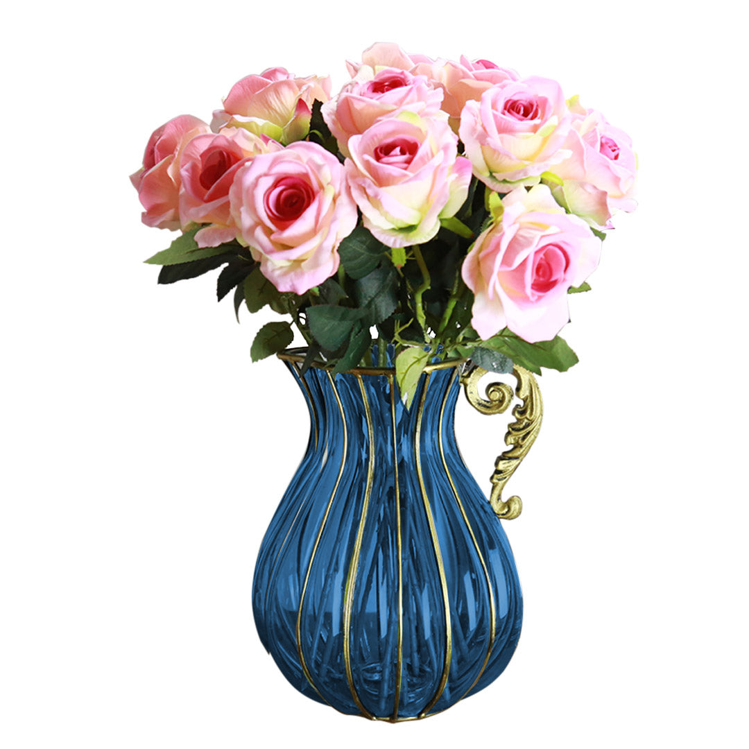 Blue European Glass Flower Vase with Metal Handle