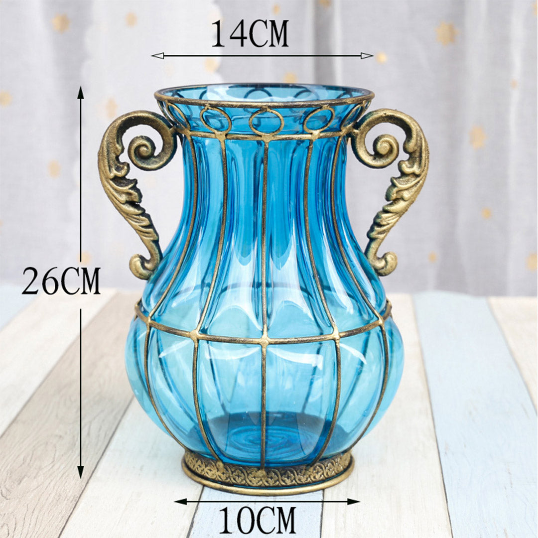 Blue Glass Flower Vase with 10 Bunch 6 Heads Artificial Silk Rose Set