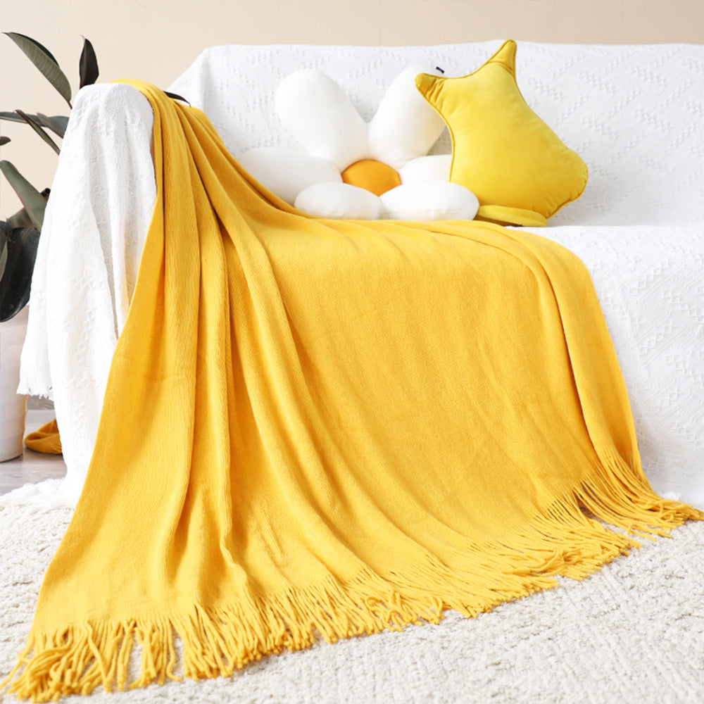 Yellow Acrylic Knitted Throw Blanket