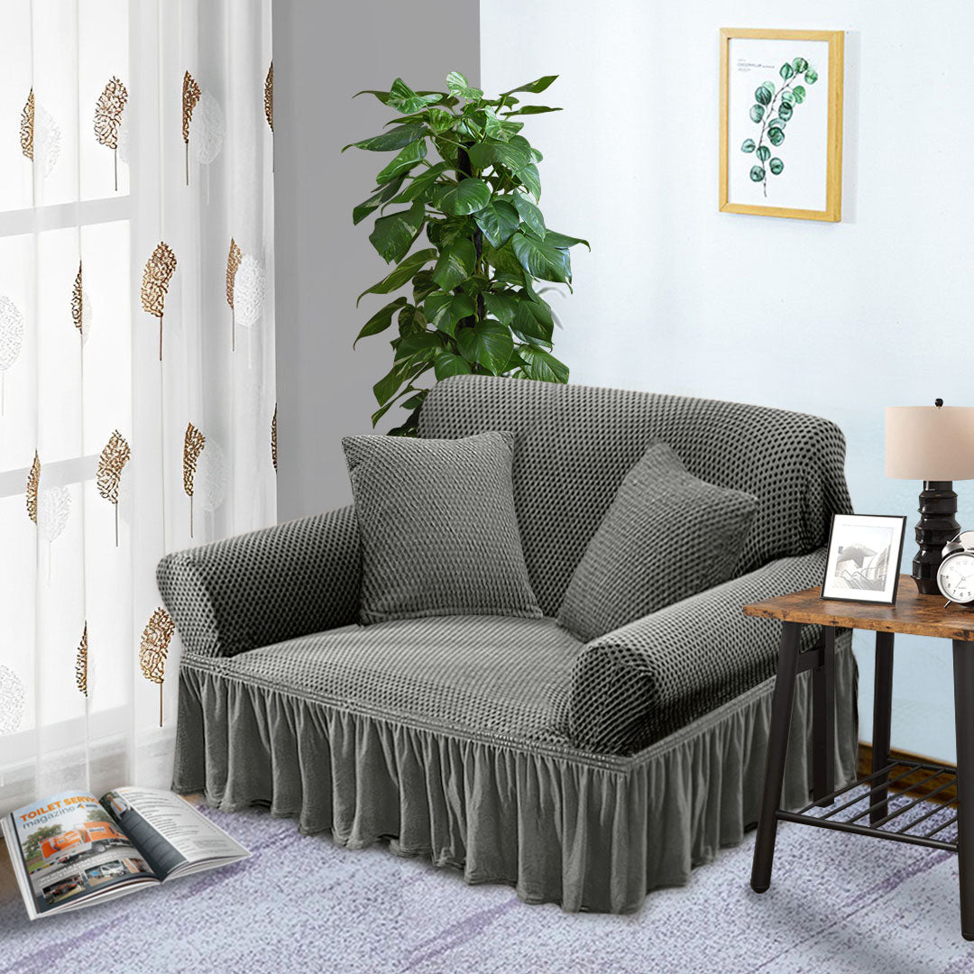 Grey Colored 2- Seater Sofa Cover with Ruffled Skirt