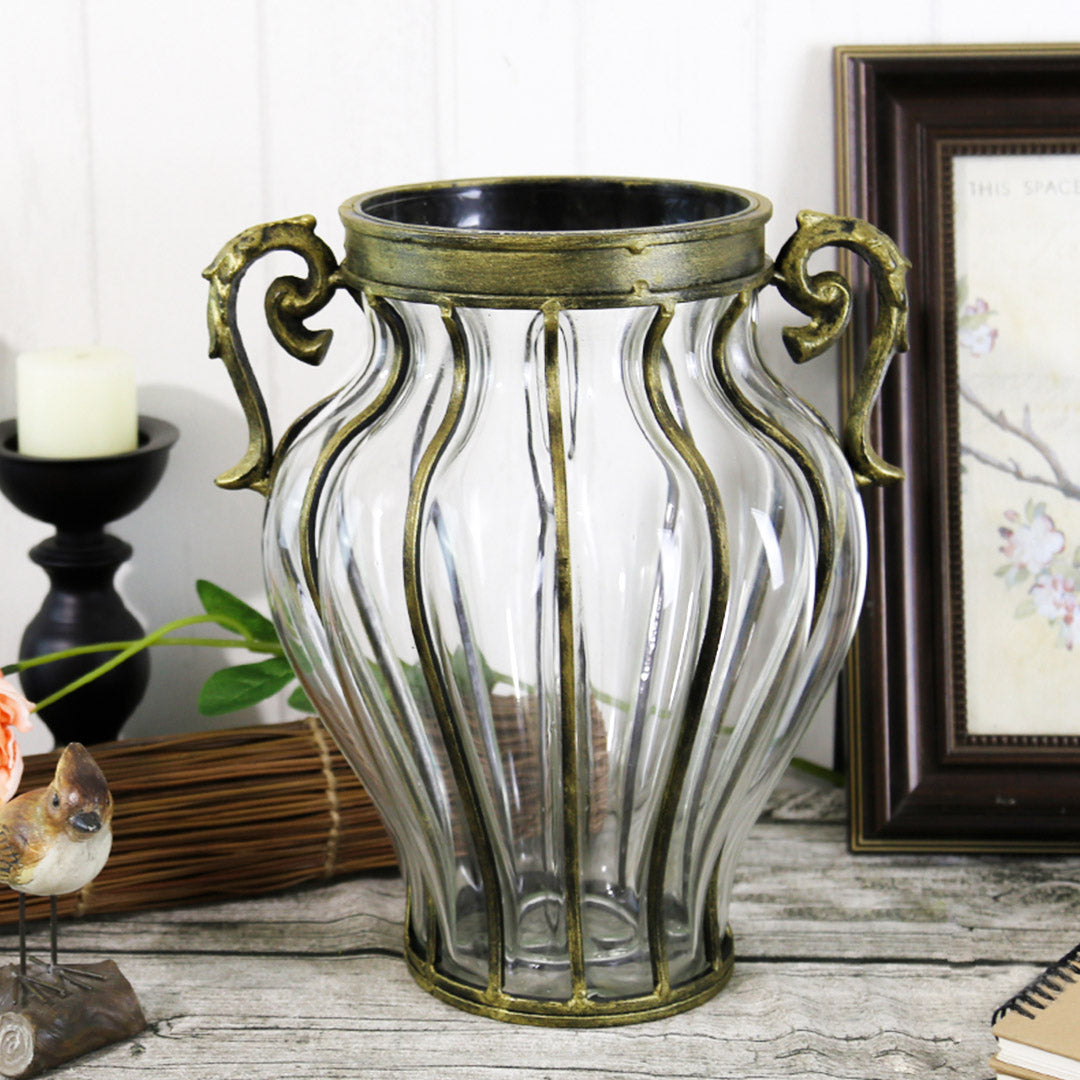 Clear European Glass Flower Vase with Two Metal Handle