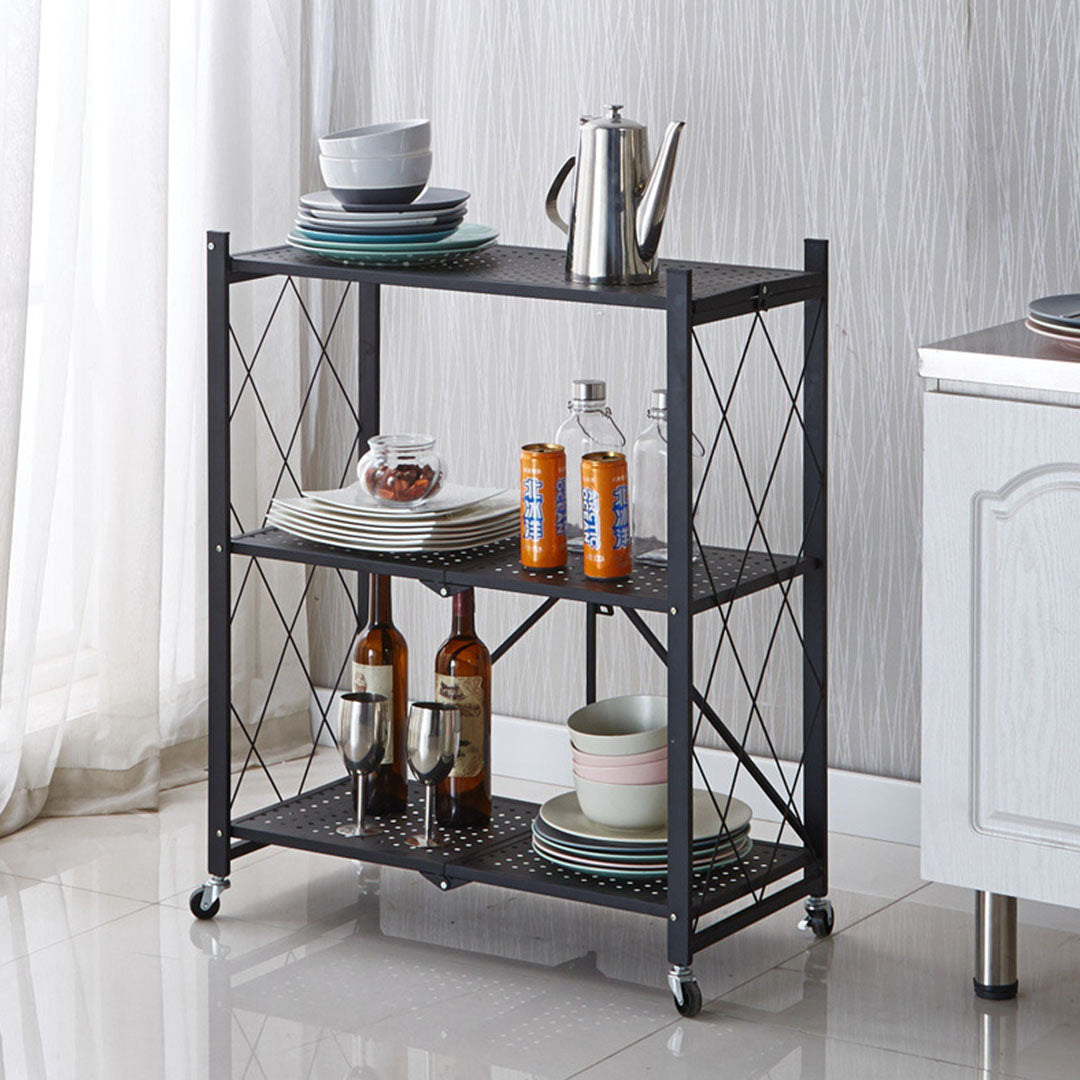 3 Tier Foldable Kitchen Shelves with Wheels Black