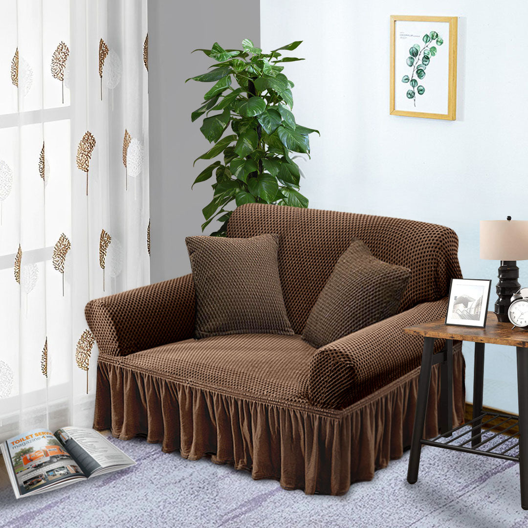 Coffee Colored 2- Seater Sofa Cover with Ruffled Skirt