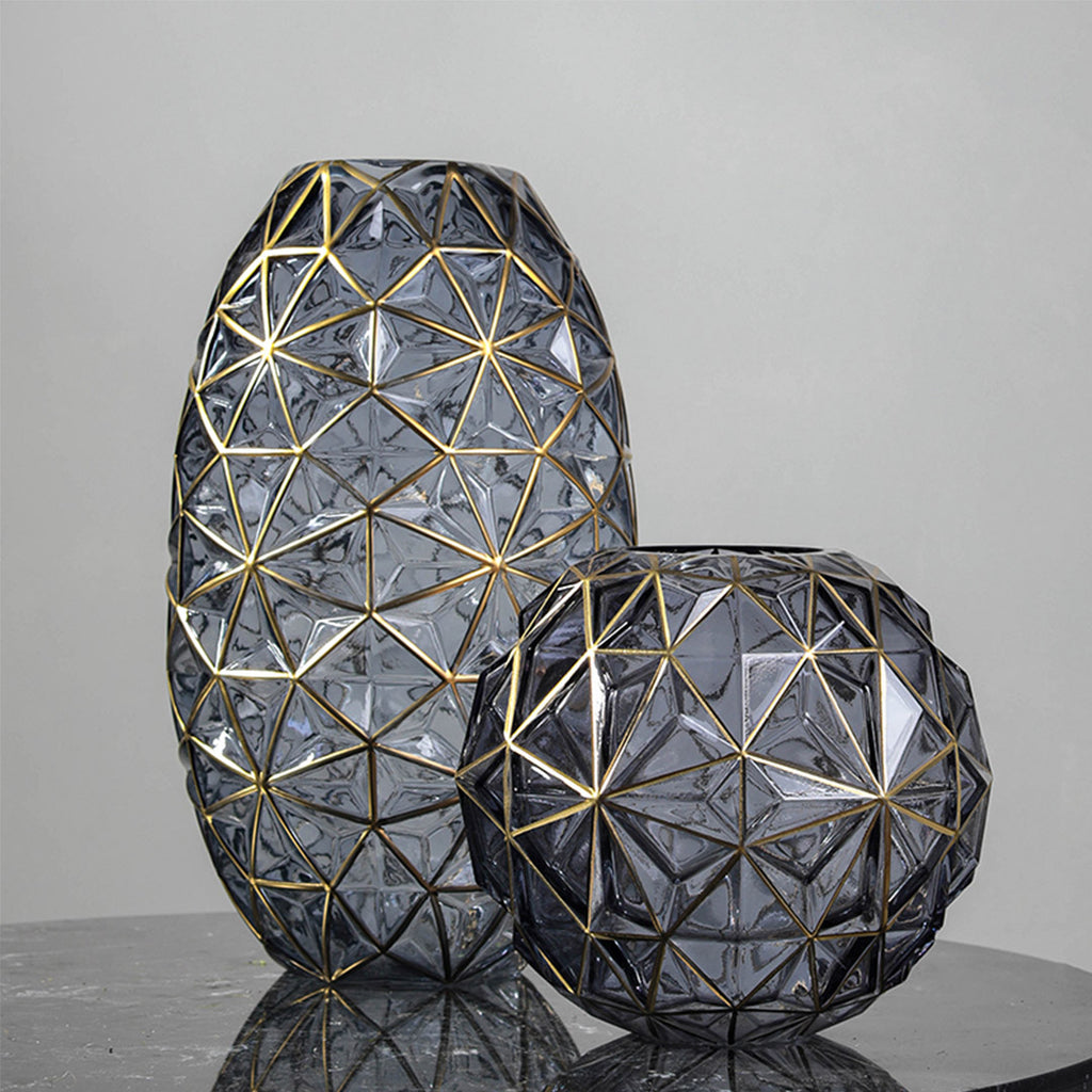Grey Diamond Cut Glass Flower Vase with Gold Accent