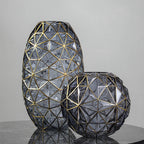 Grey Diamond Cut Glass Flower Vase with Gold Accent