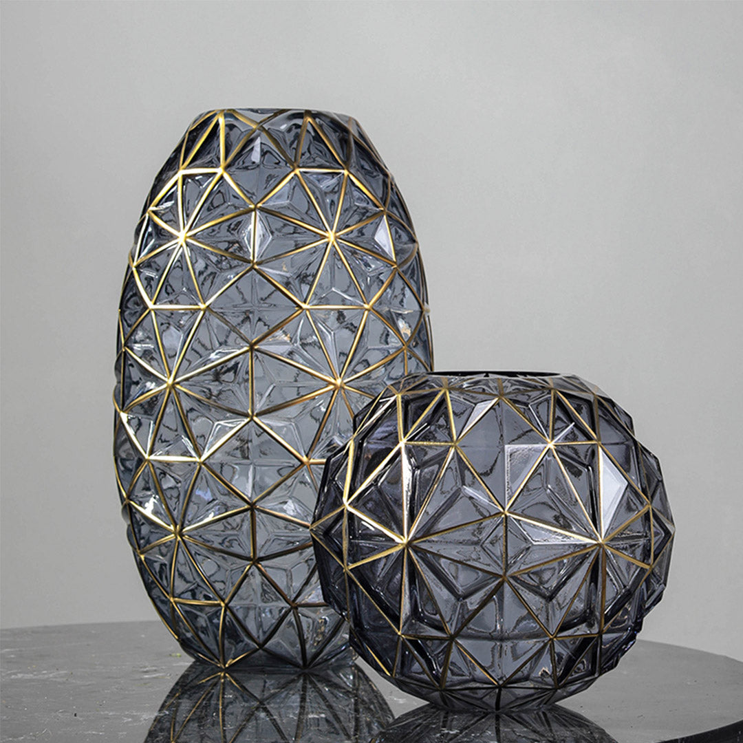 Grey Diamond Cut Glass Flower Vase with Gold Accent