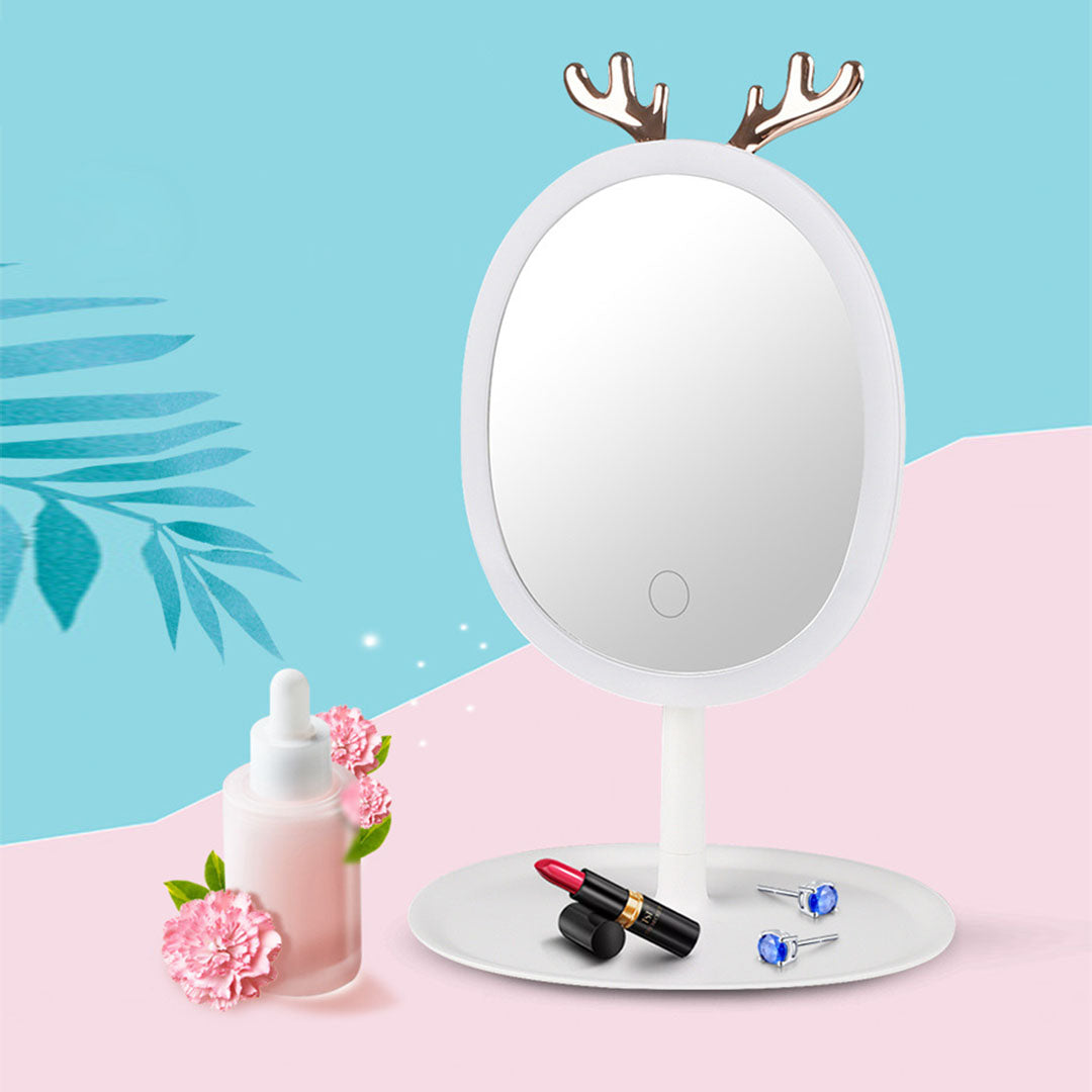 White Cosmetic Jewelry Storage Organiser with Antler LED Tabletop Mirror Set