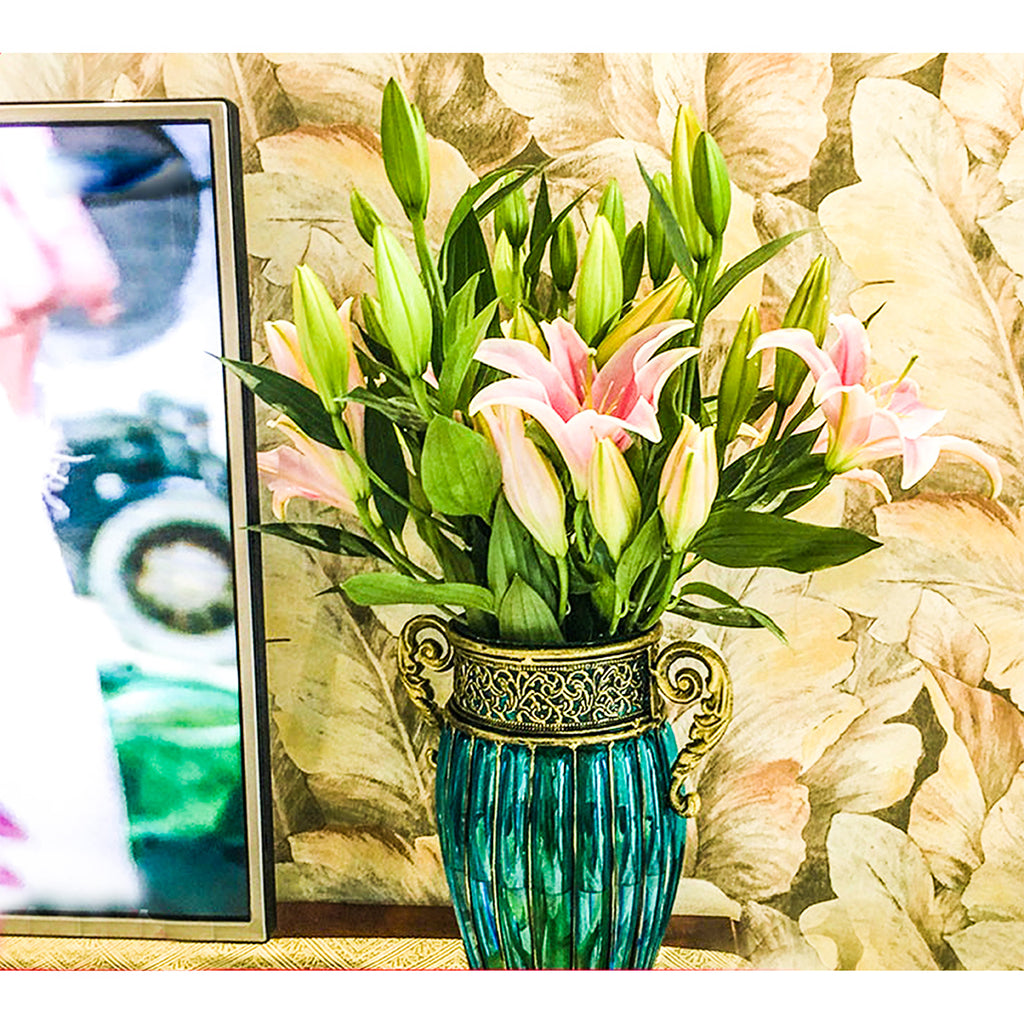 Blue European Glass Flower Vase with Two Metal Handle