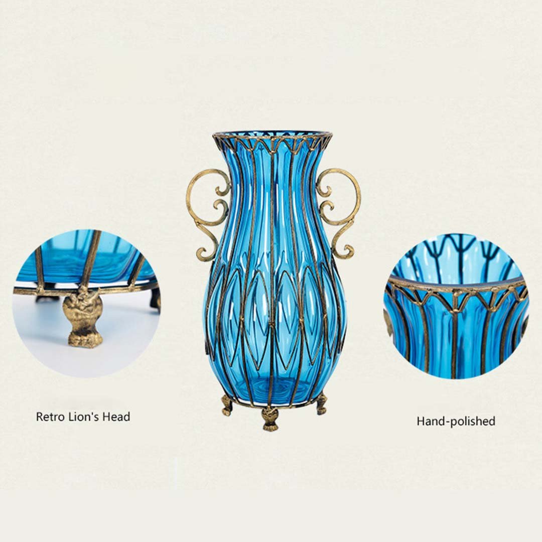 51cm Blue Glass Floor Vase with Metal Stand
