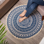 Dark Blue Carpet Soft Linen Bohemian Non-Slip Round Rug