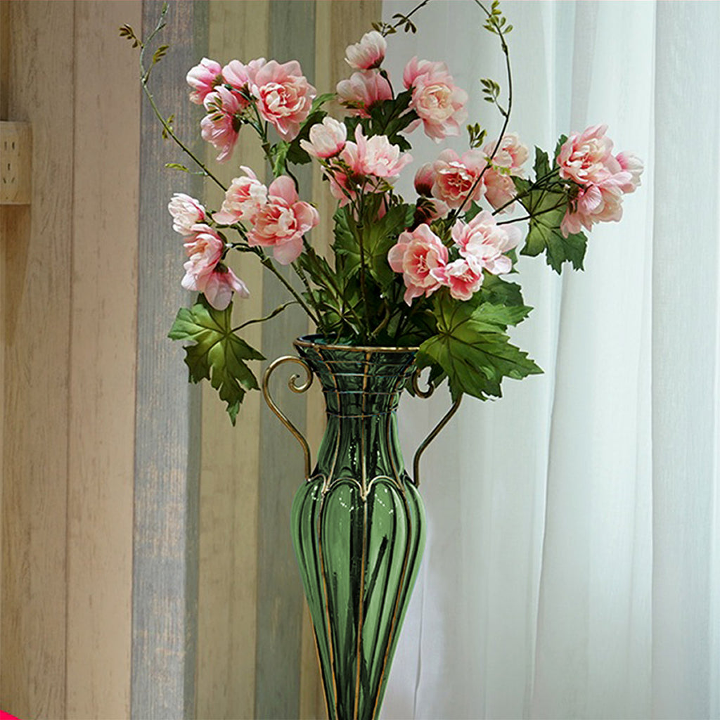 Green European Glass Flower Vase with Two Gold Metal Handle