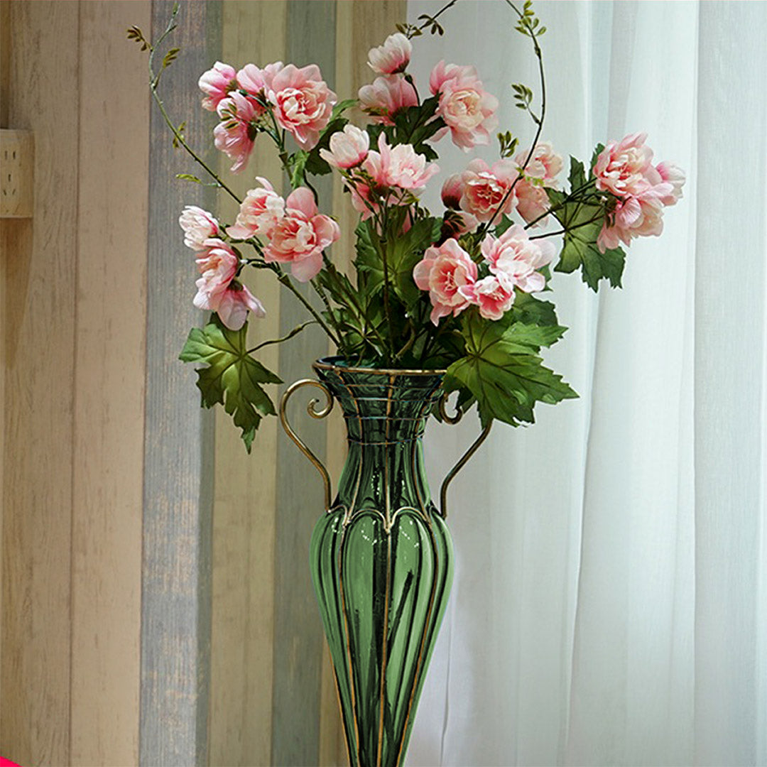 Green European Glass Flower Vase with Two Gold Metal Handle
