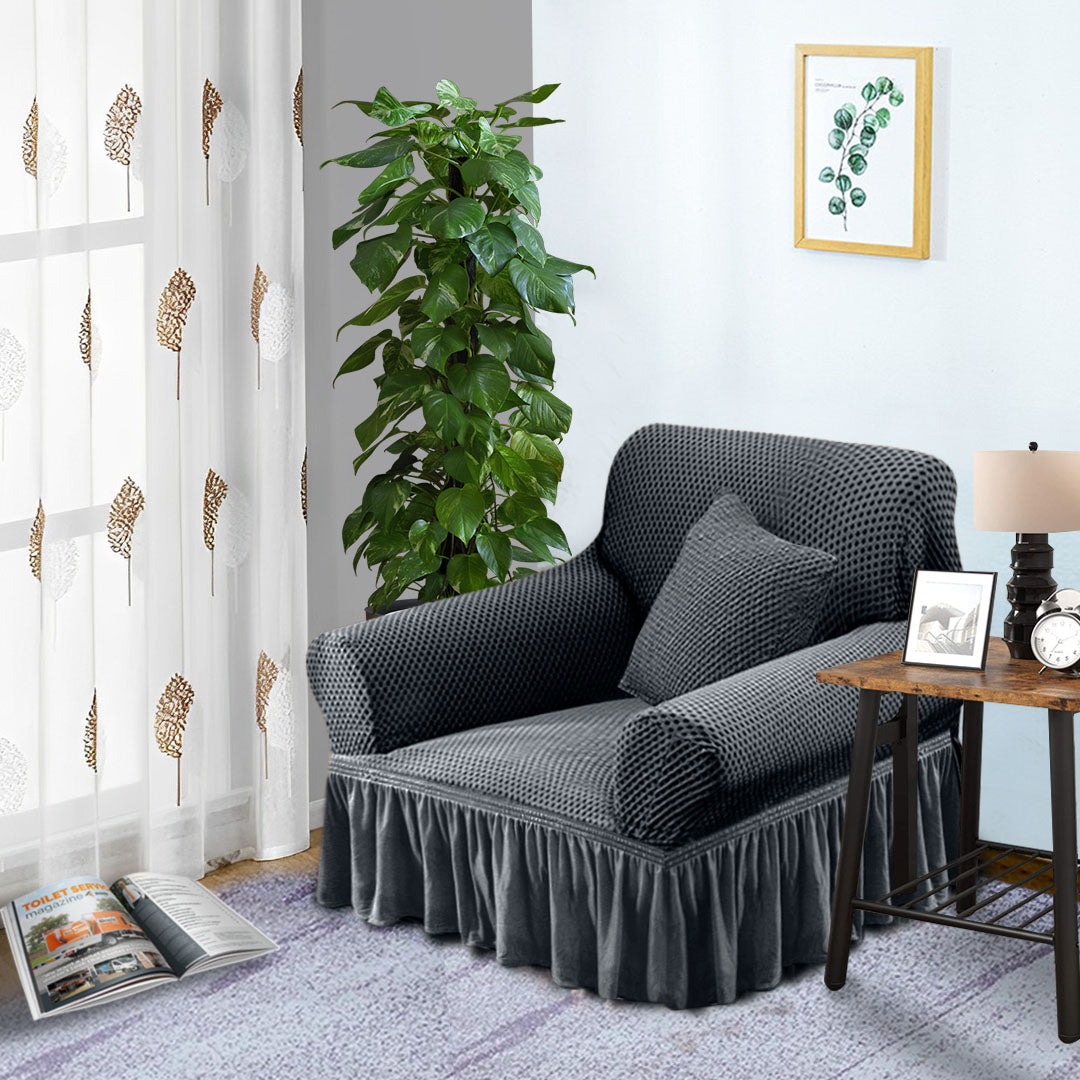 Dark Grey Colored 1- Seater Sofa Cover with Ruffled Skirt