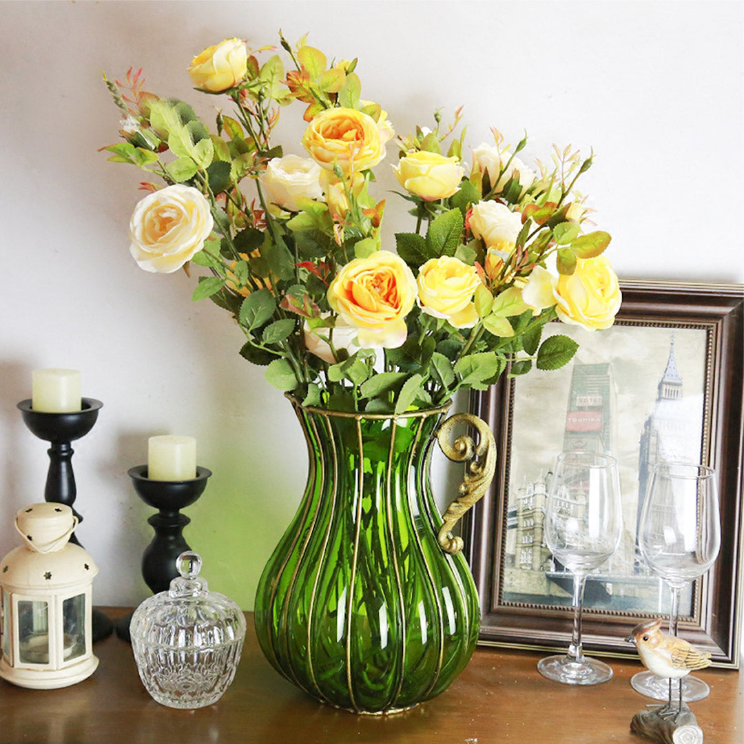 Green European Glass Flower Vase with Metal Handle