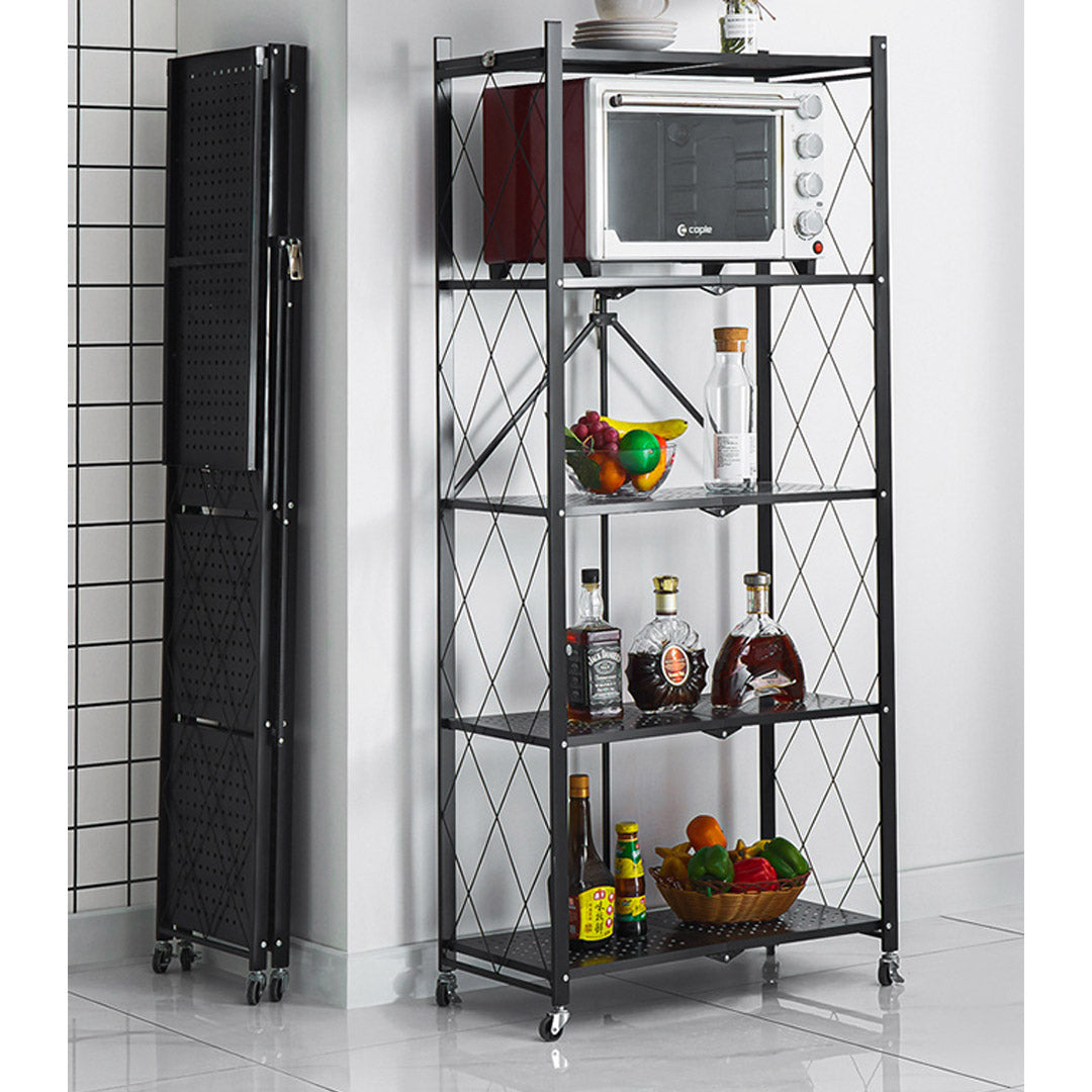 5 Tier Foldable Kitchen Shelves with Wheels Black