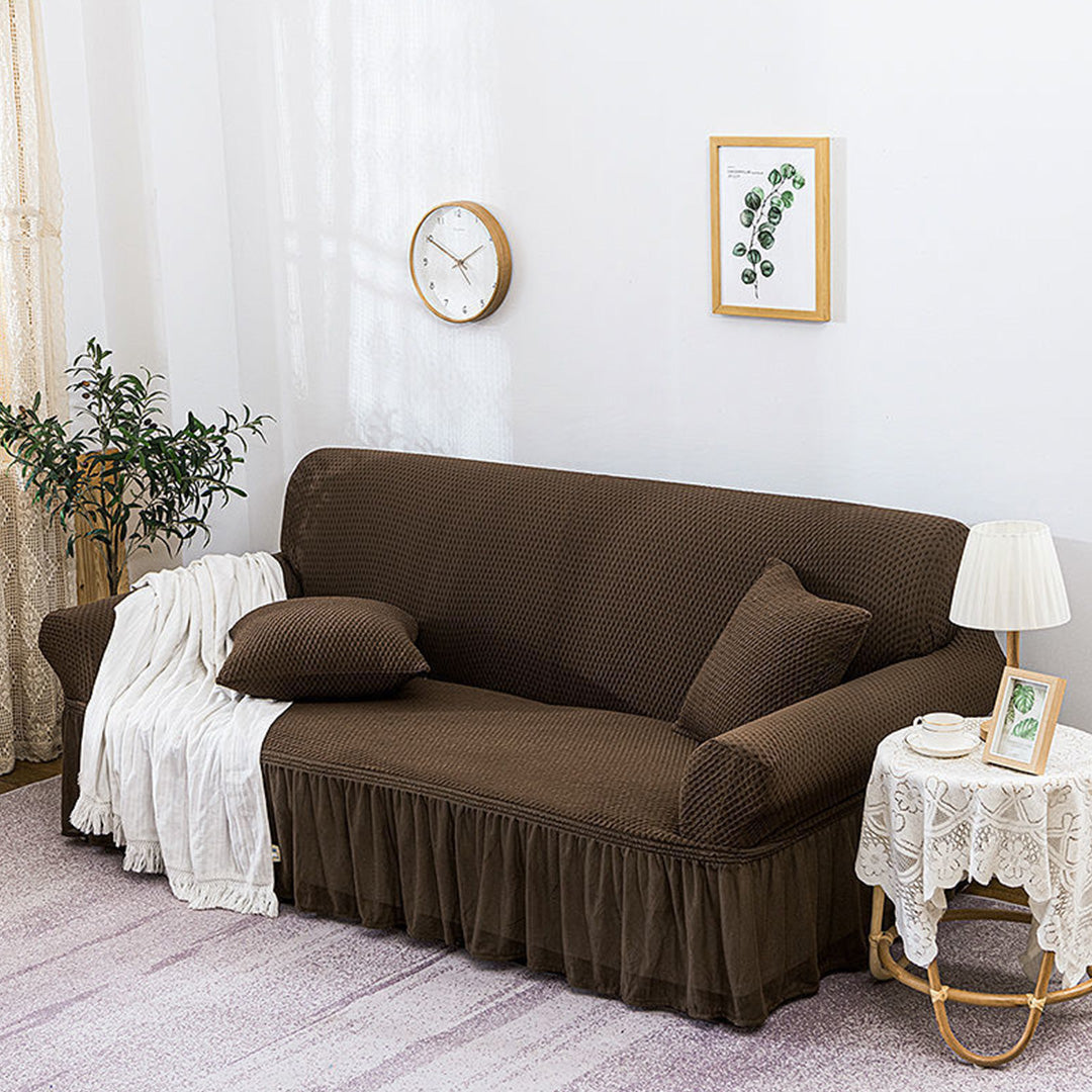 Coffee Colored 4- Seater Sofa Cover with Ruffled Skirt