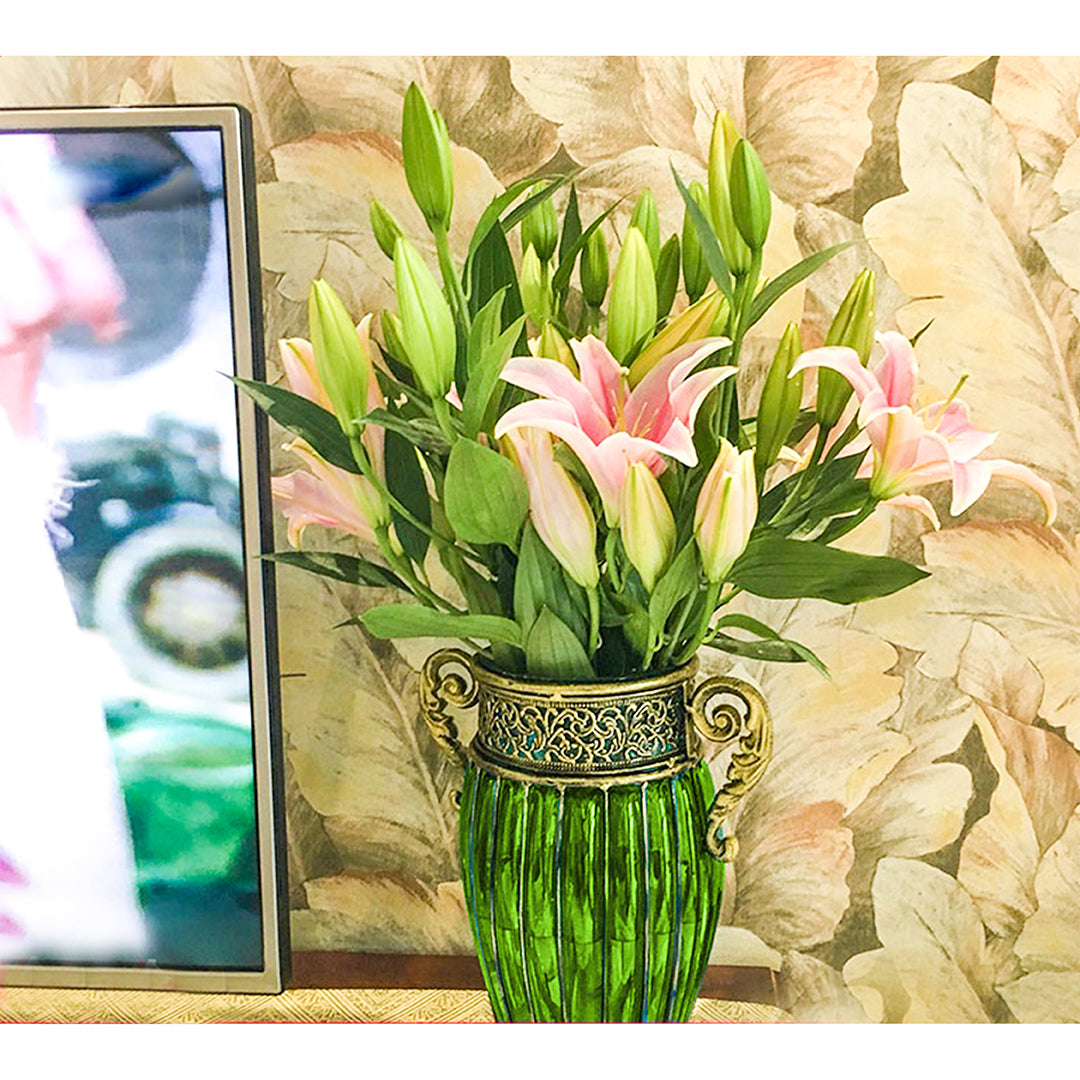 Green European Glass Flower Vase with Two Metal Handle