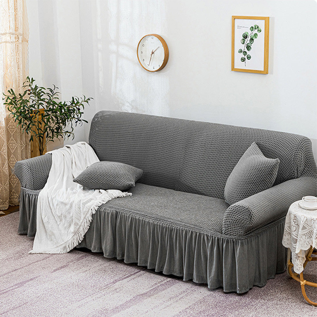 Grey Colored 3- Seater Sofa Cover with Ruffled Skirt