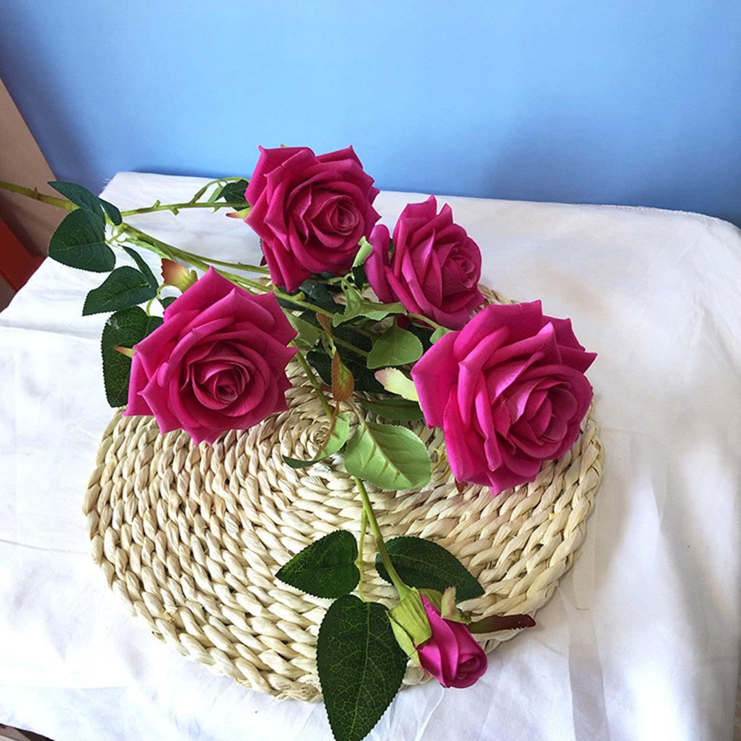 Blue Glass Cylinder Flower Vase with 8 Bunch 5 Heads Artificial Silk Rose Set