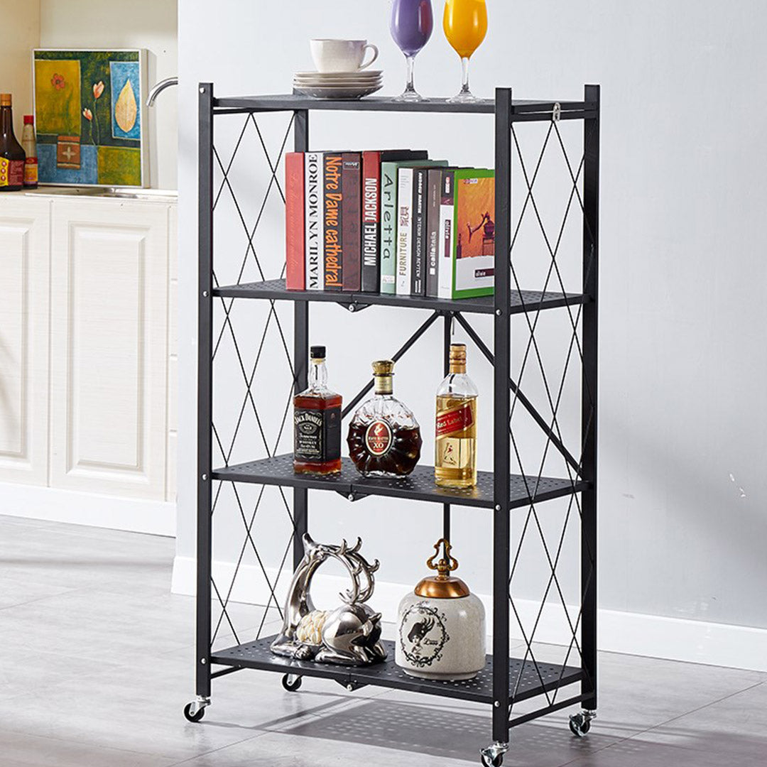 4 Tier Foldable Kitchen Shelves with Wheels Black