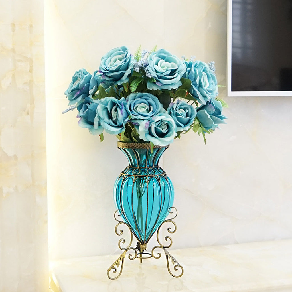 Blue European Glass Floor Flower Vase with Metal Stand