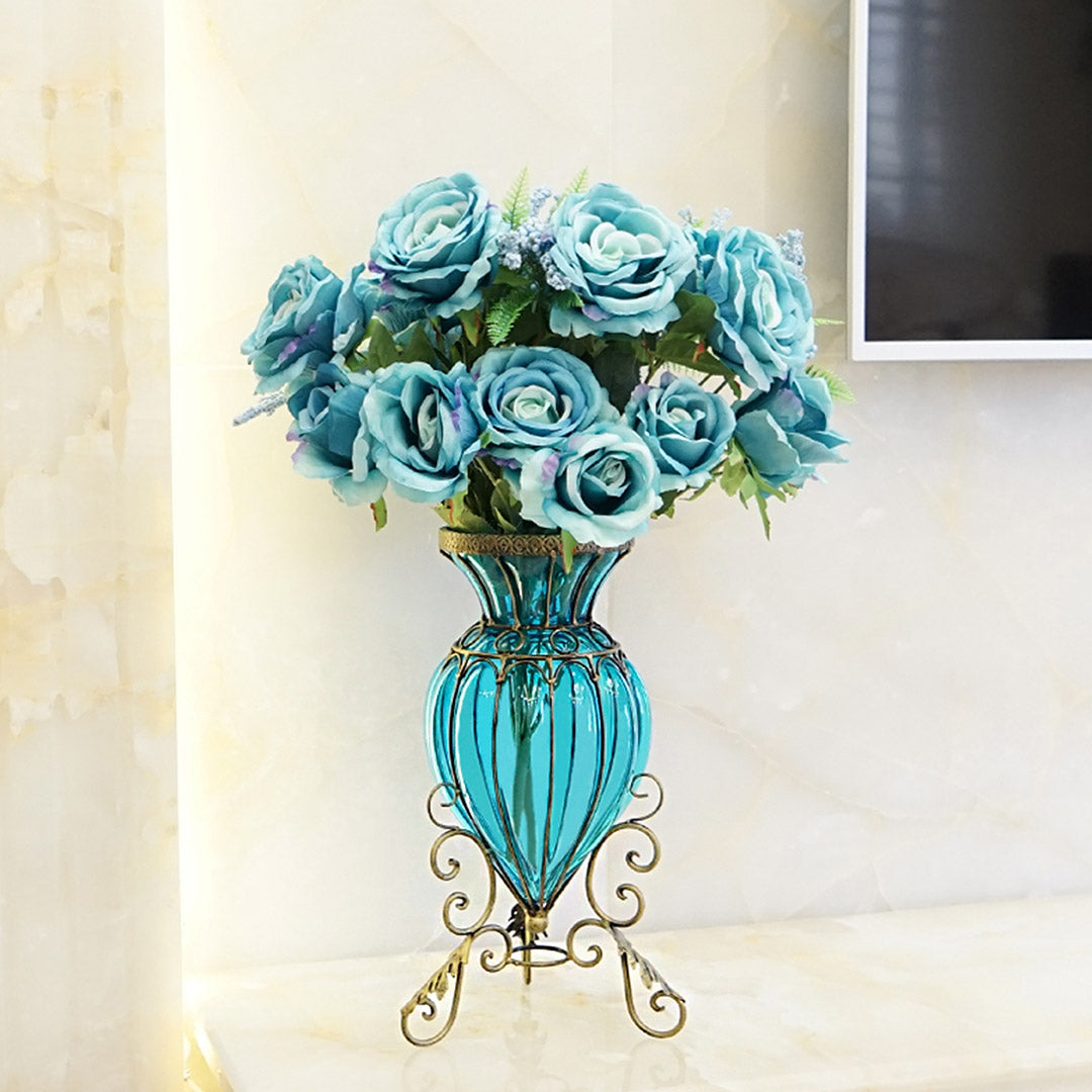 Blue European Glass Floor Flower Vase with Metal Stand