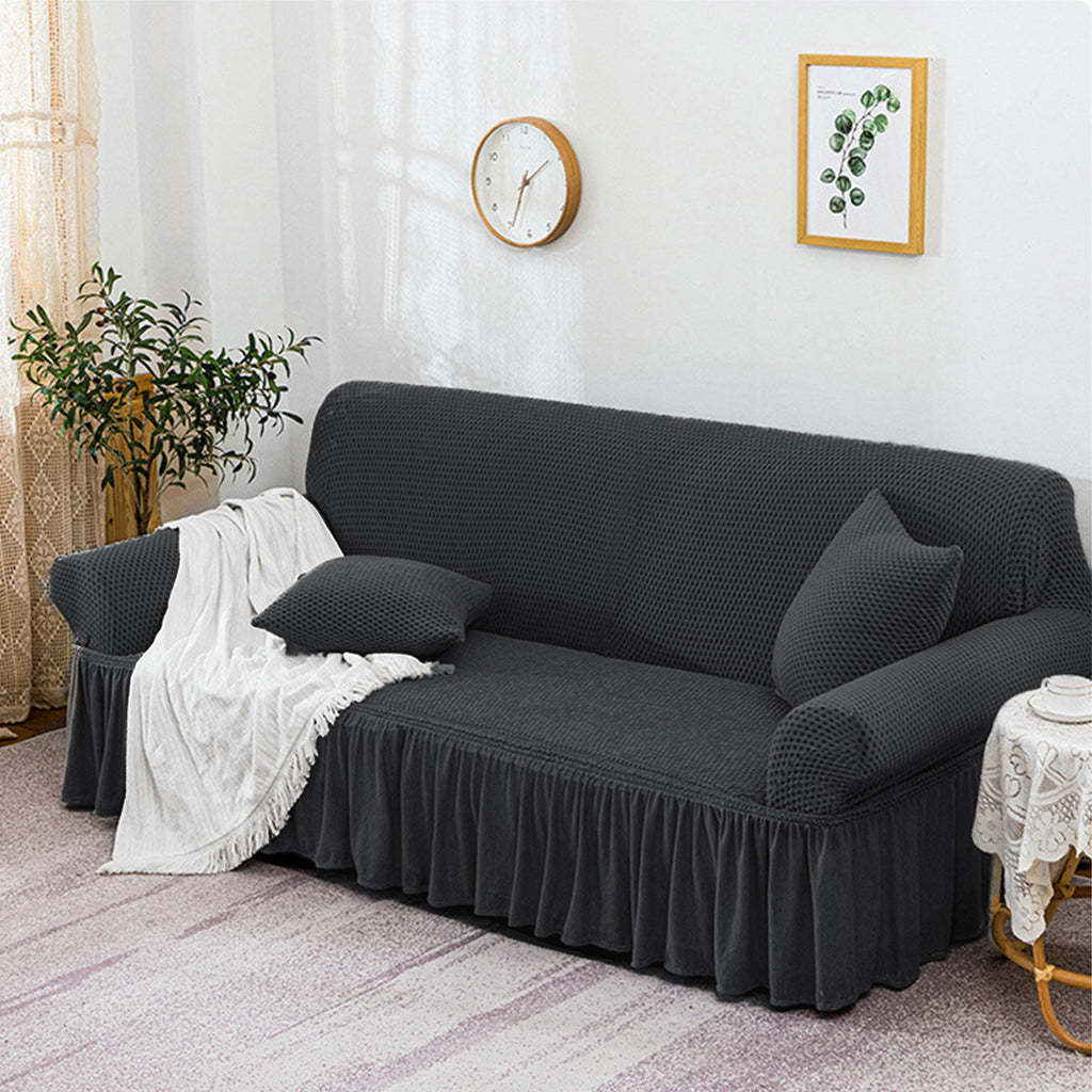 Dark Grey Colored 3- Seater Sofa Cover with Ruffled Skirt