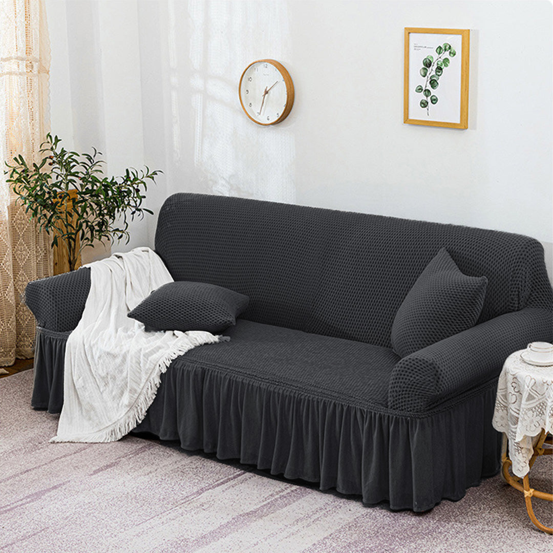 Dark Grey Colored 3- Seater Sofa Cover with Ruffled Skirt