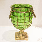 Green European GlassFlower Vase with Metal Handle