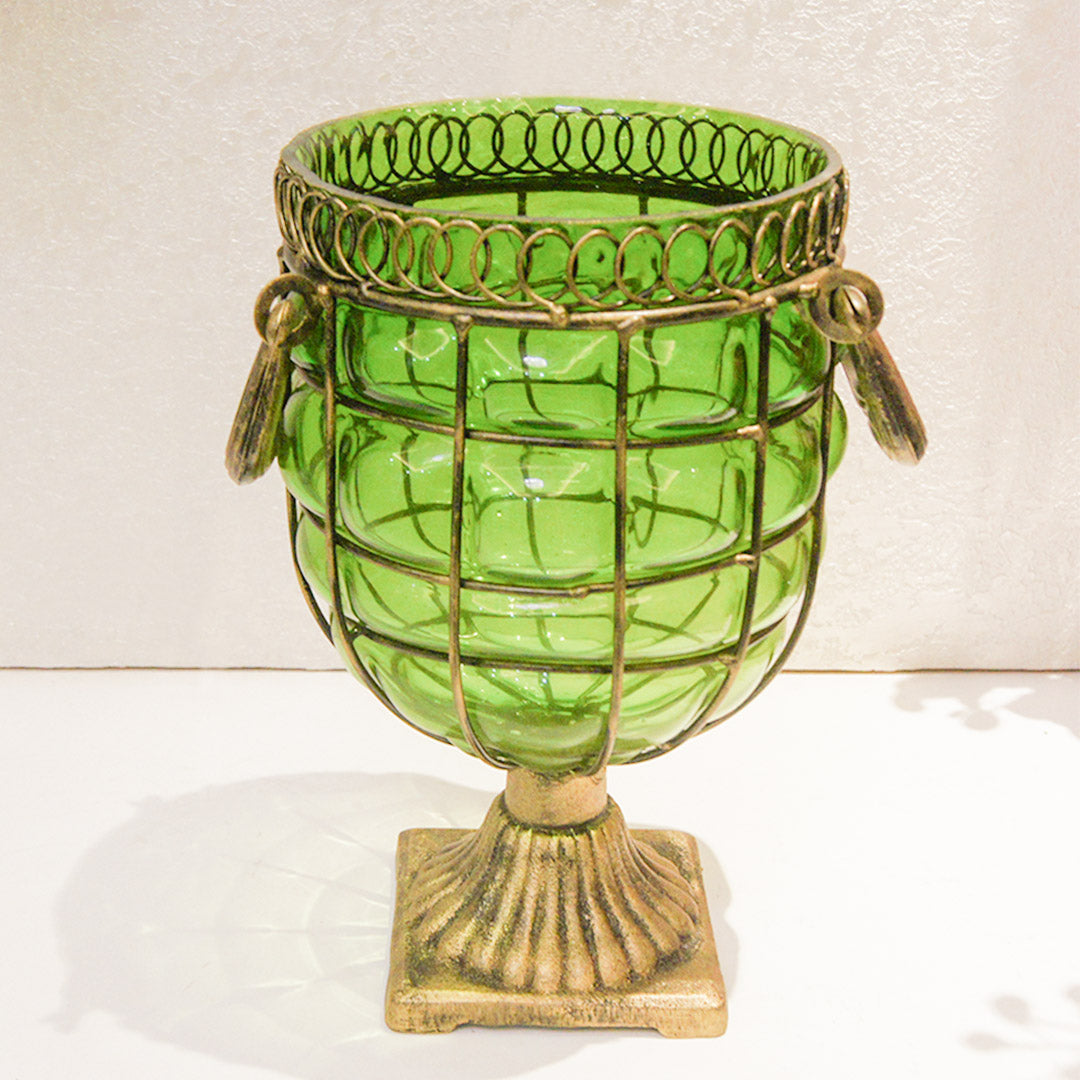 Green European GlassFlower Vase with Metal Handle