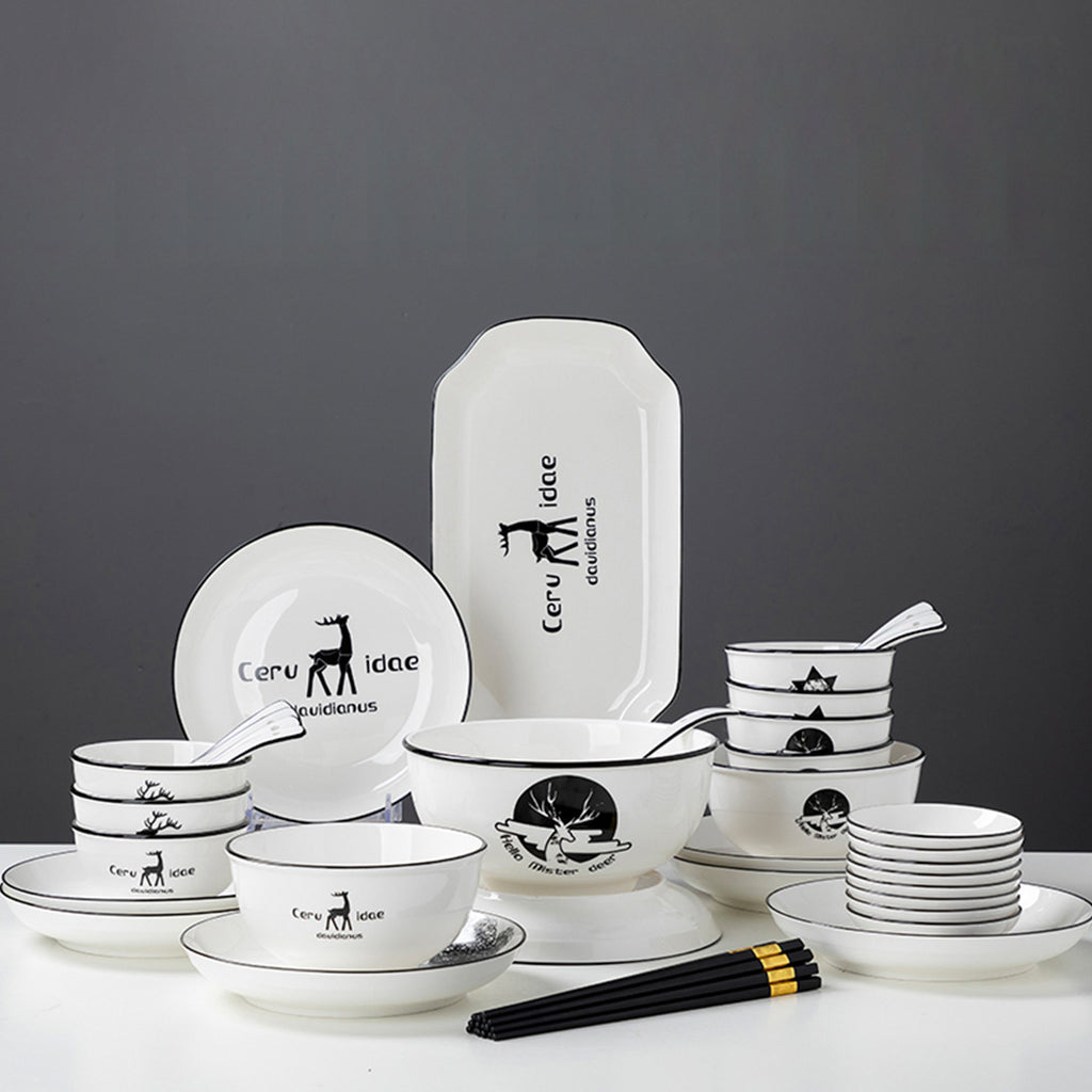 White Antler Printed Ceramic Dinnerware Set of 28