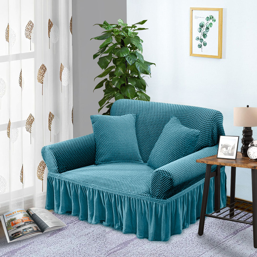 Blue Colored 2- Seater Sofa Cover with Ruffled Skirt