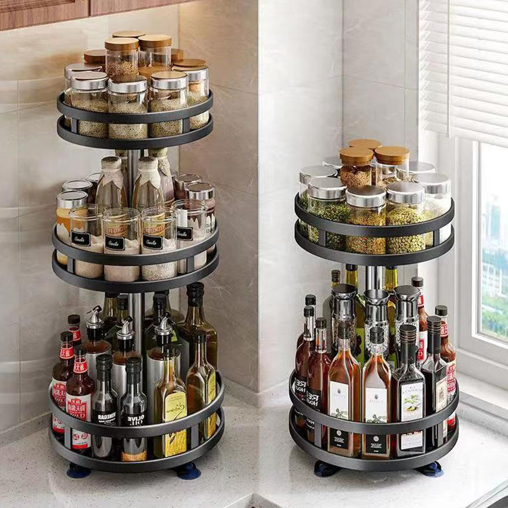 2 Tier Black Round Multi-Function Kitchen Seasoning Organiser Shelf