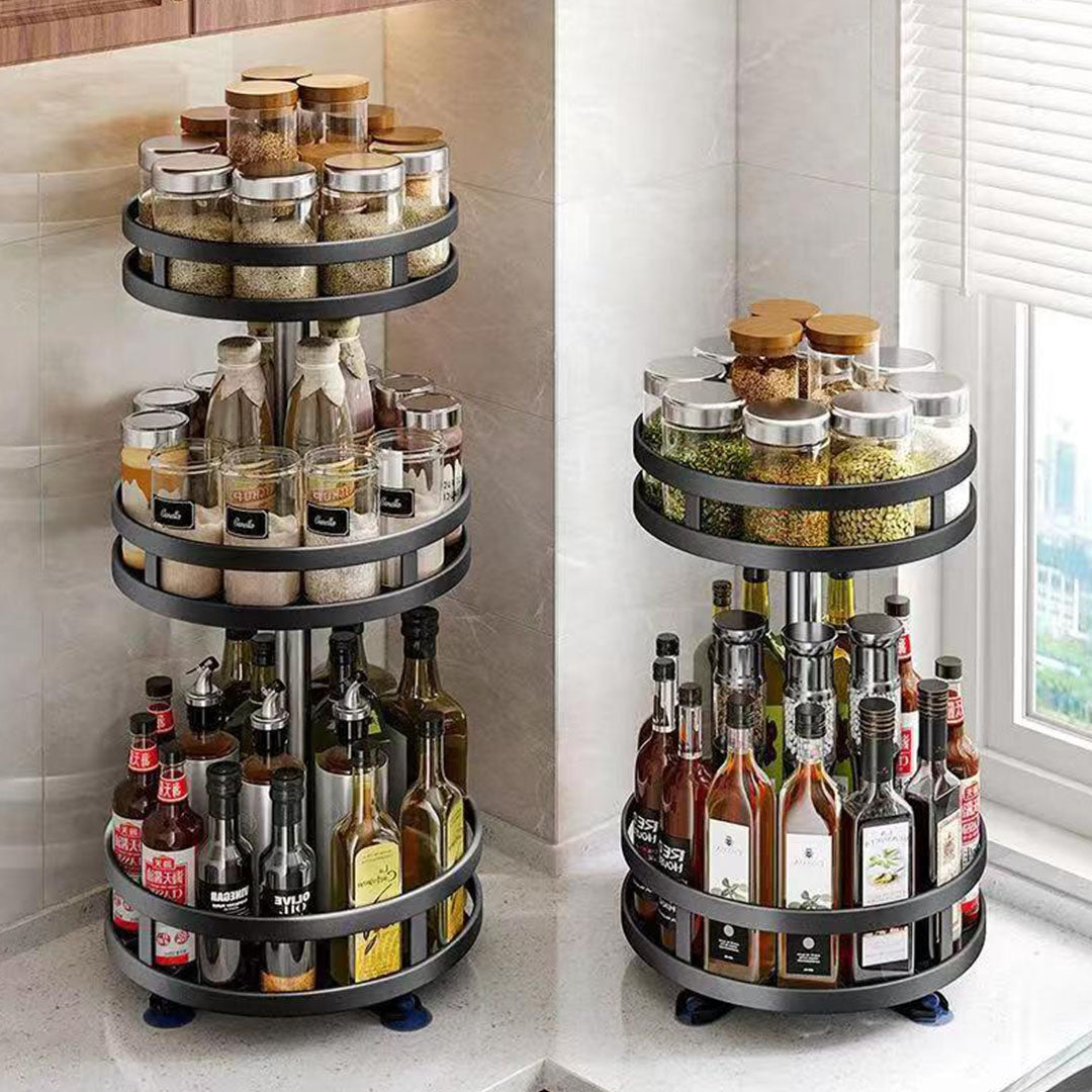 2 Tier Black Round Multi-Function Kitchen Seasoning Organiser Shelf