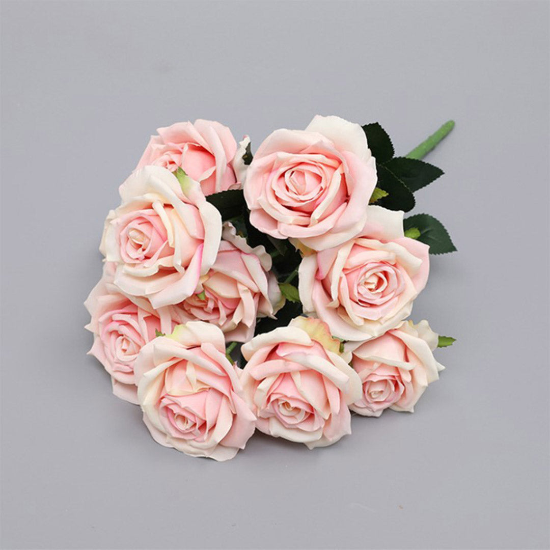 Green Glass Flower Vase with 4 Bunch 9 Heads Artificial Silk Rose Set