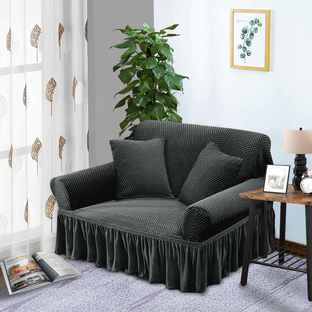 Dark Grey Colored 2- Seater Sofa Cover with Ruffled Skirt