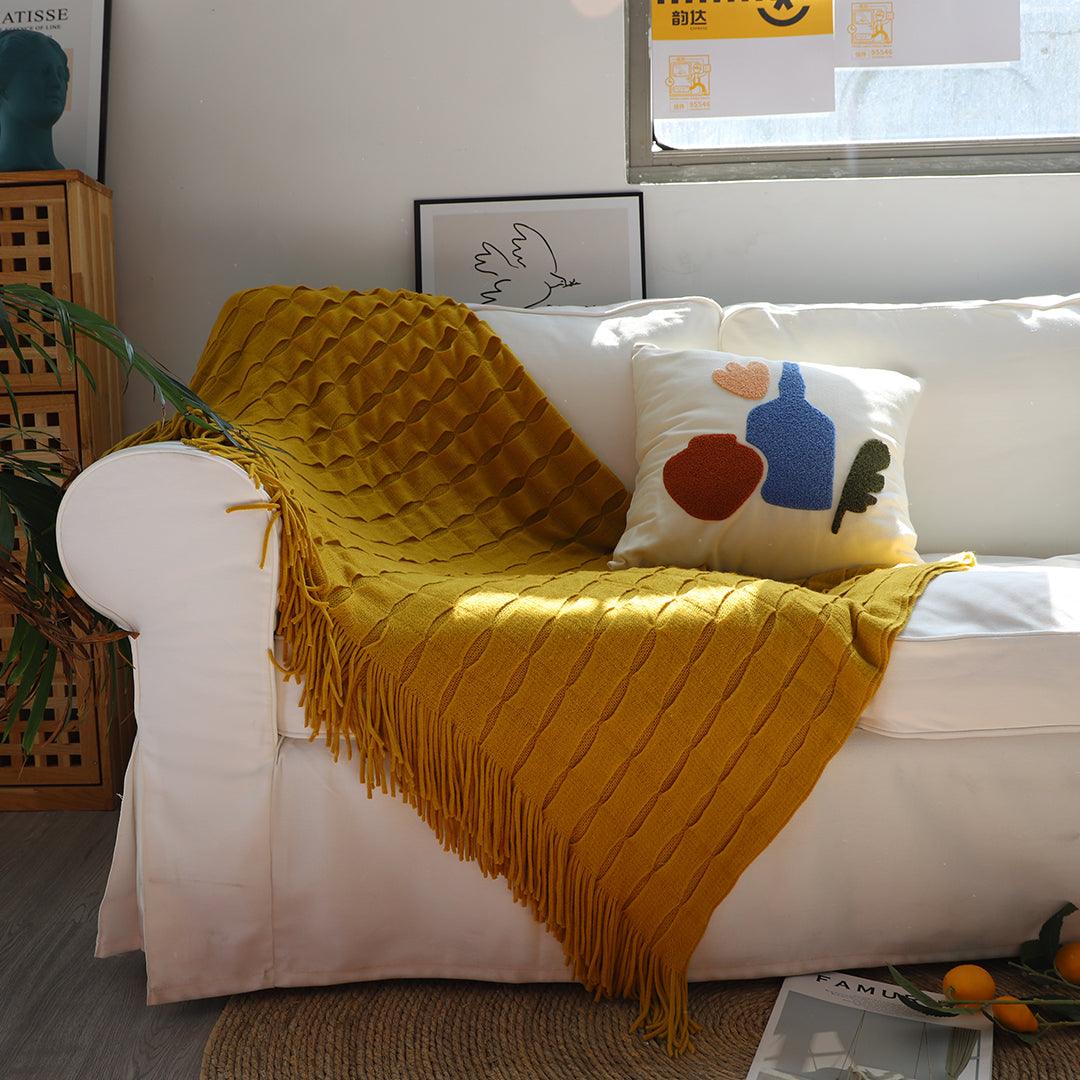Mustard Textured Knitted Throw Blanket
