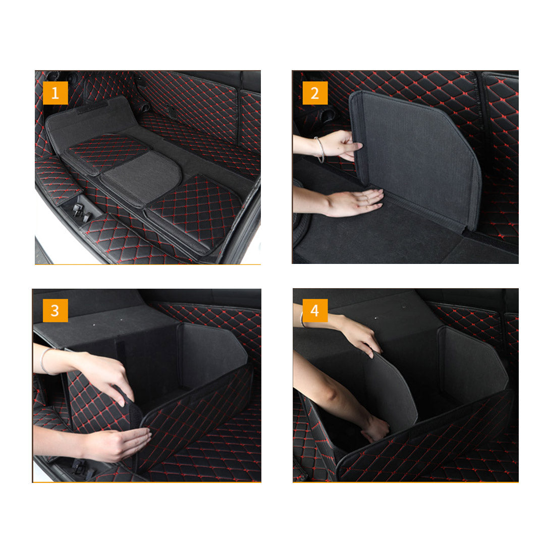 Leather Car Boot Foldable Trunk Cargo Organizer Box Black/Red Stitch Large