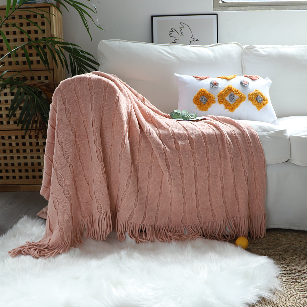 Pink Textured Knitted Throw Blanket