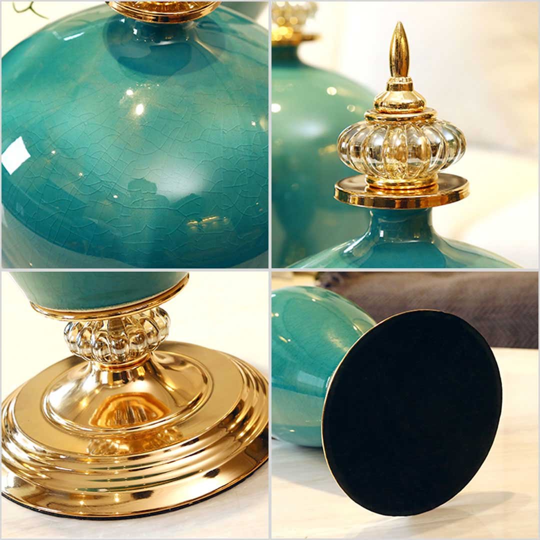 38cm Ceramic Vase with Gold Metal Base Green